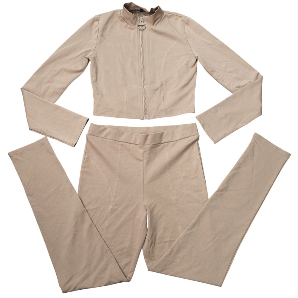 Capsulle 2-Piece Set Women Large Tan Excellent Zip Crop Jacket & Leggings Seam